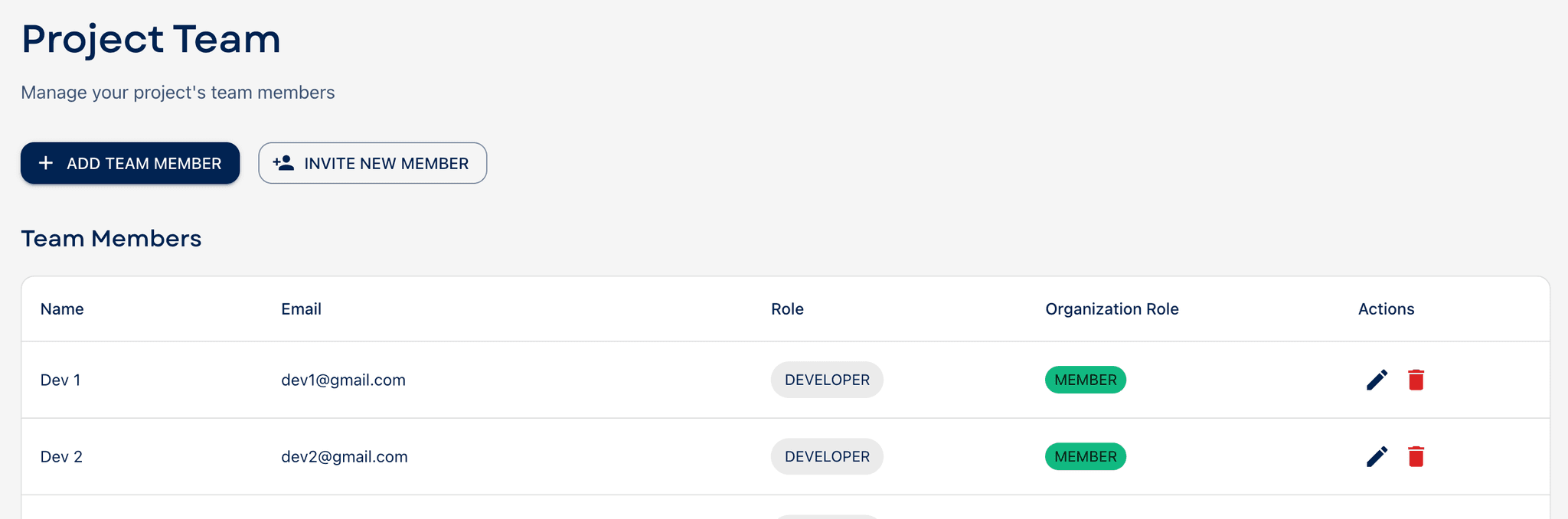 Team management interface showing roles and permissions