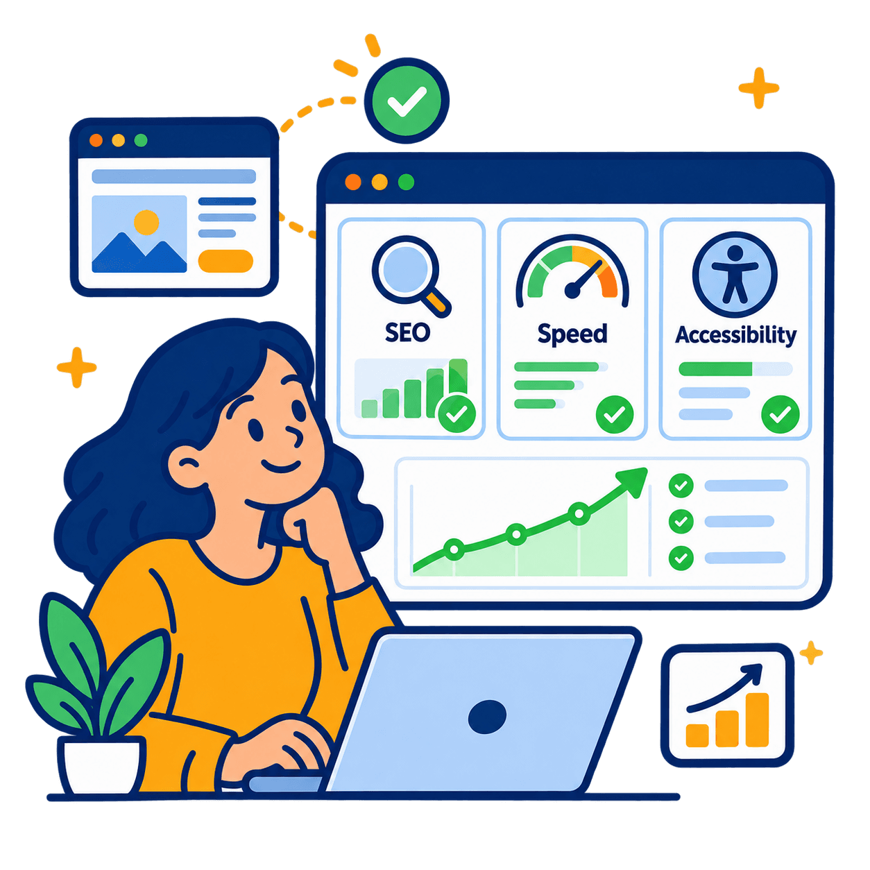 Illustration of a person reviewing SEO, speed, and accessibility metrics for their website with confidence