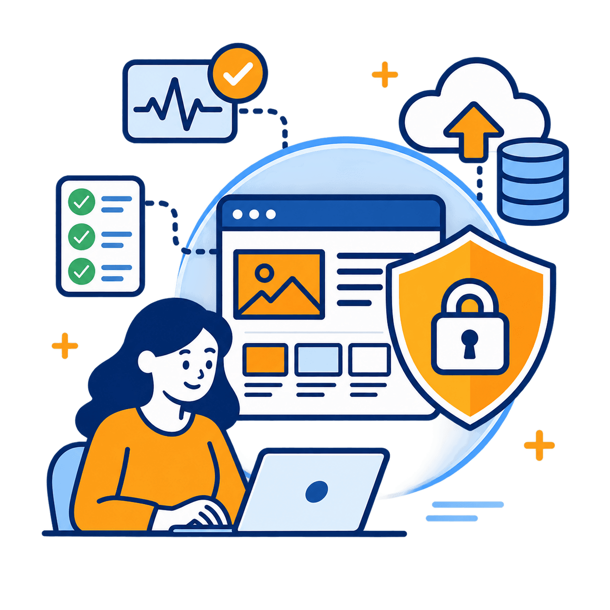 Illustration of a person working while security, backups, SSL, and cloud protection run in the background