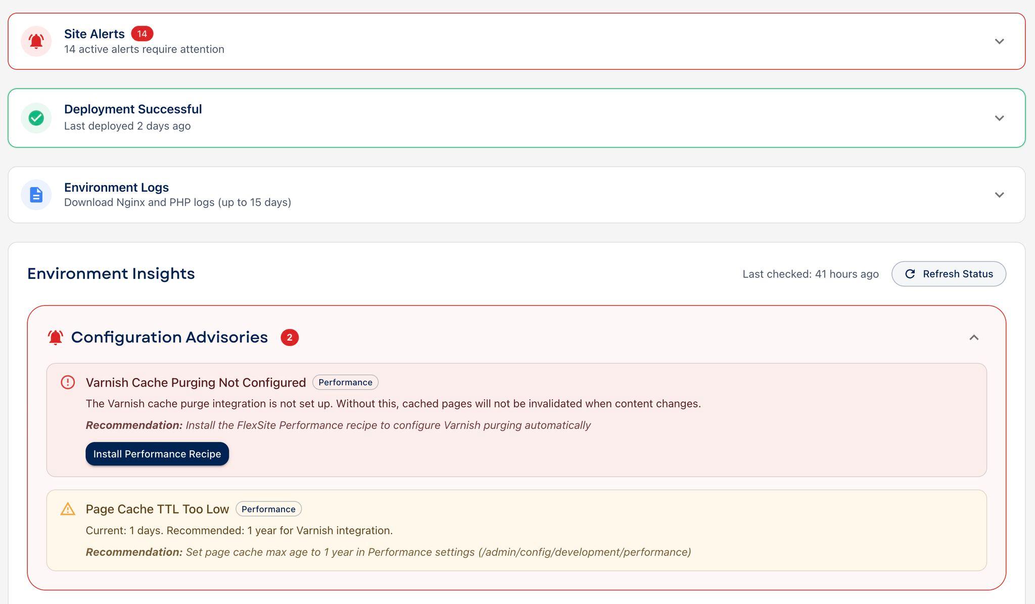 Site alerts and configuration advisories