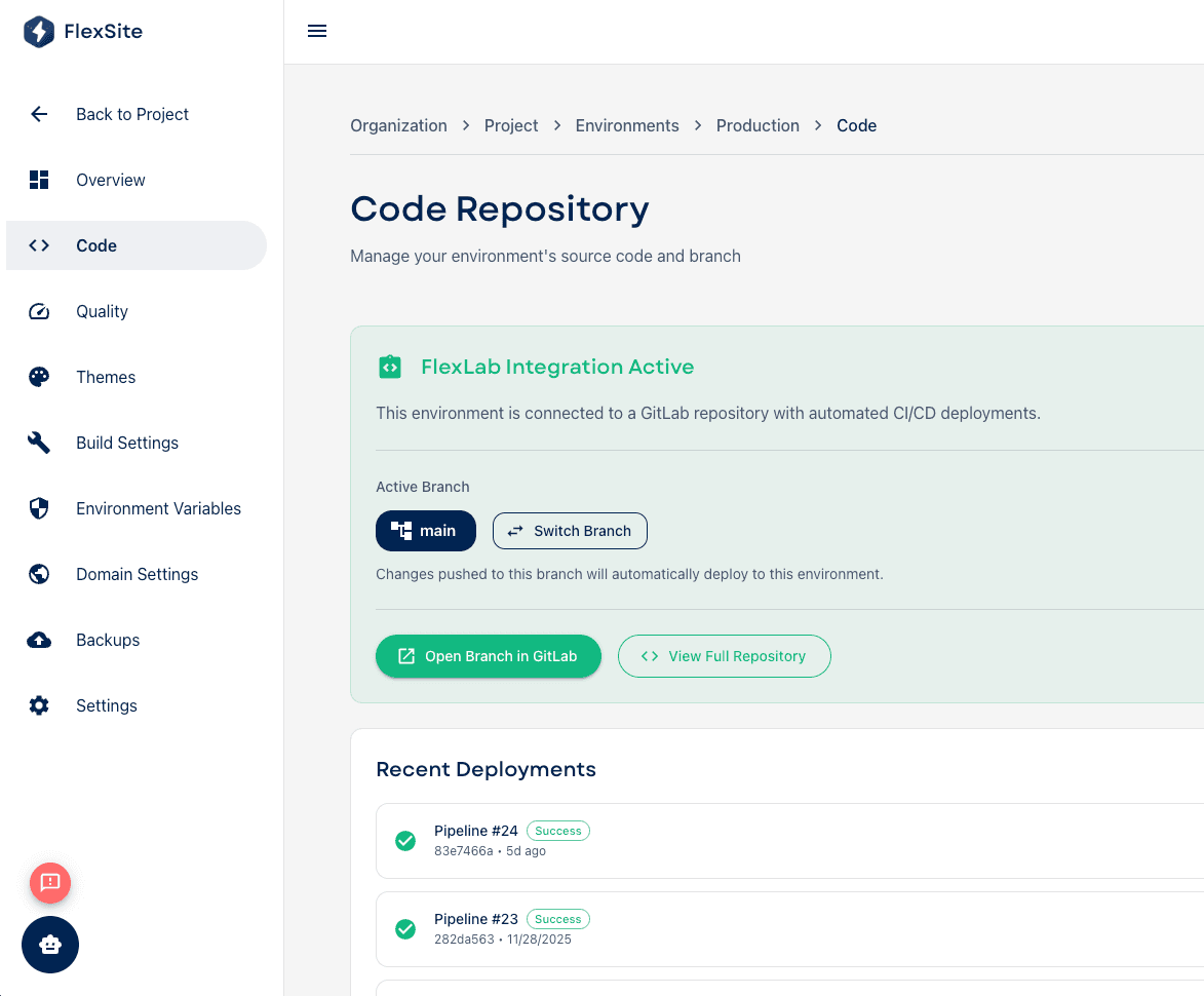 FlexLab code page showing the connected repository and recent deployments