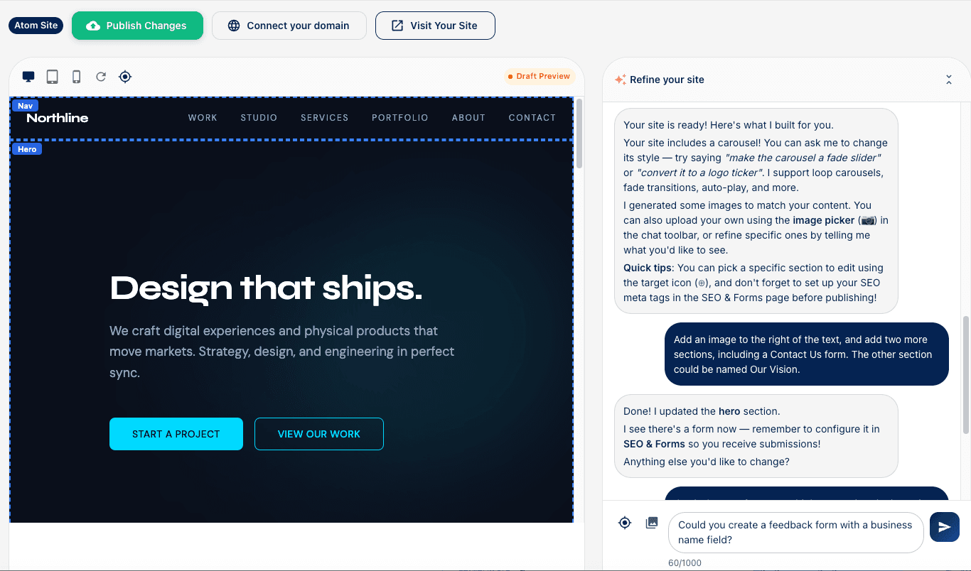 Atom AI site editor with live preview and refinement chat