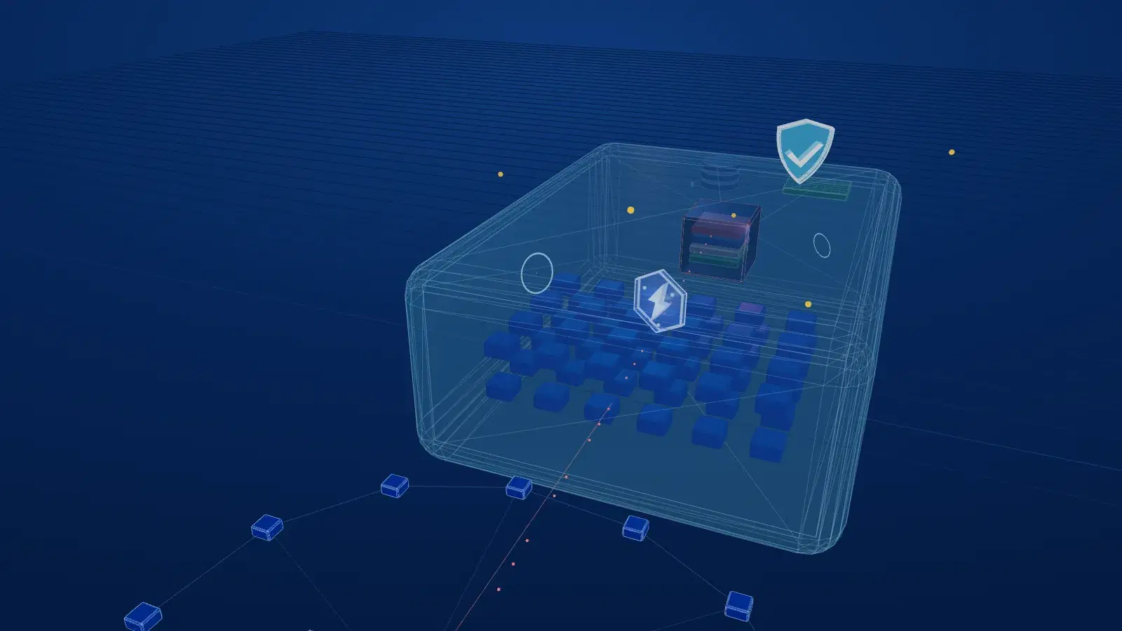 A translucent shield enclosing the FlexSite cluster and deflecting malicious requests